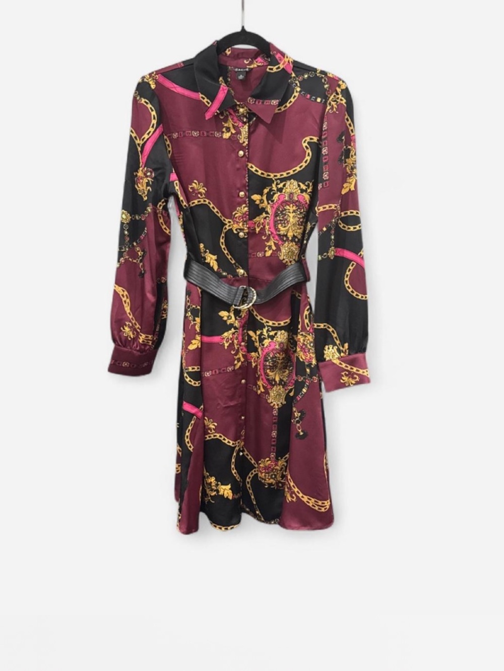 Vintage Y2K Cache shirt dress burgundy old money equestrian boho baroque size S